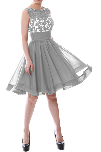 MACloth Women Beaded Lace Chiffon Short Prom Formal Dress Cocktail Party Gown