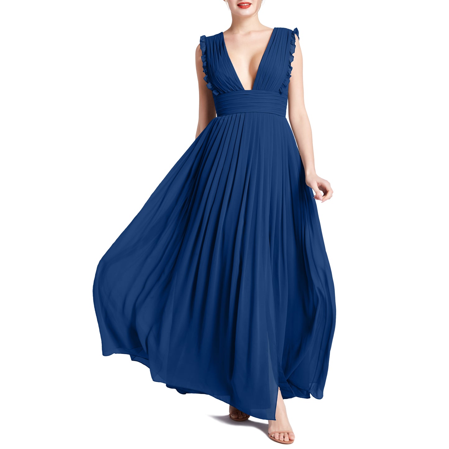 MACloth Women V Neck Ruffle Long Pleated Wedding Party Bridesmaid Dresses