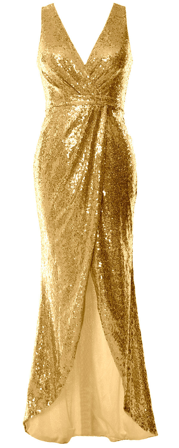 MACloth Women Sequin V Neck Wrap Long Bridesmaid Dresses Wedding Prom Gown