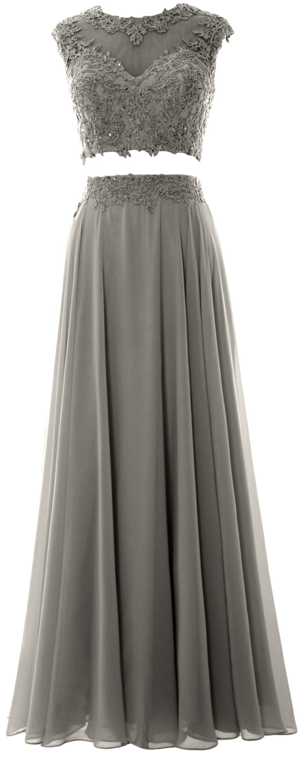 MACloth Vestido largo de fiesta de 2 piezas para mujer, de gasa con encaje, vestido formal de noche para fiesta