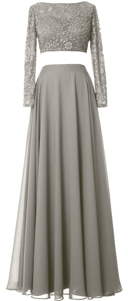 MACloth Women Lace Chiffon Formal Evening Gown 2 Piece Long Sleeves Prom Dresses