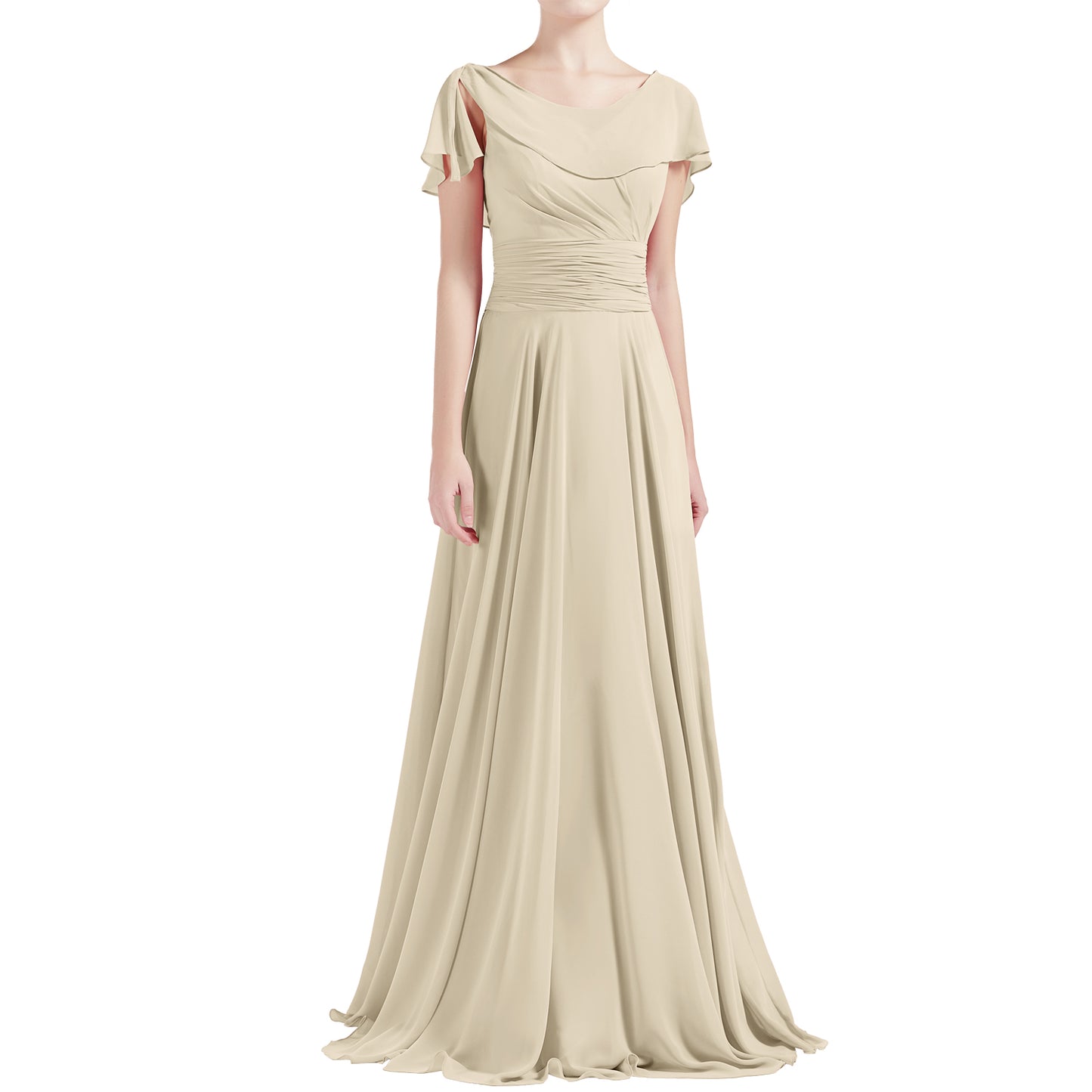 MACloth Damen O-Ausschnitt Rüschen Kurze Ärmel A-Linie Maxikleid Hochzeit Brautjungfernkleid