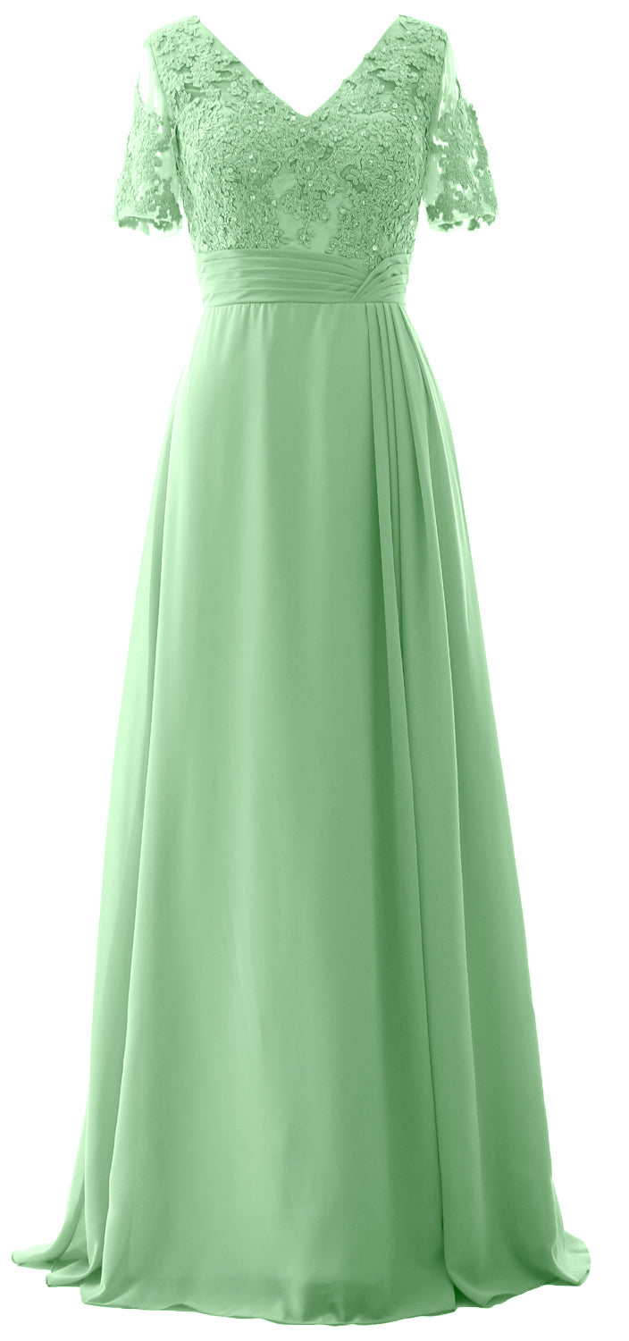 MACloth Women V Neck Long Mother of Bride Dresss Lace Evening Gown Short Sleeves