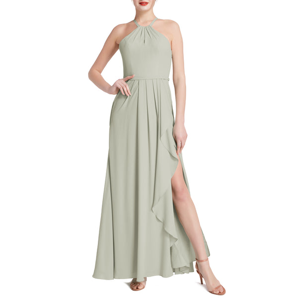 MACloth Women Halter Long Maxi Wedding Party Bridesmaid Dresses with Drape Slit