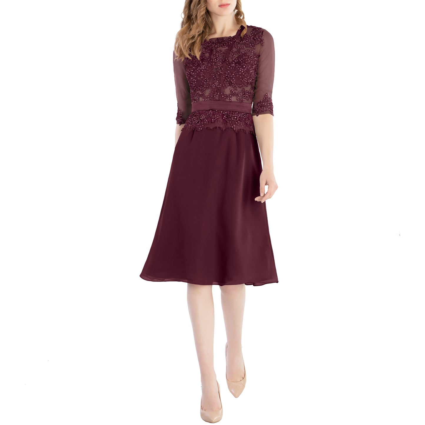 MACloth Damen-Kleid mit Rundhalsausschnitt, Perlenspitze, kurze Halbärmel, für die Brautmutter, Hochzeit, Brautparty