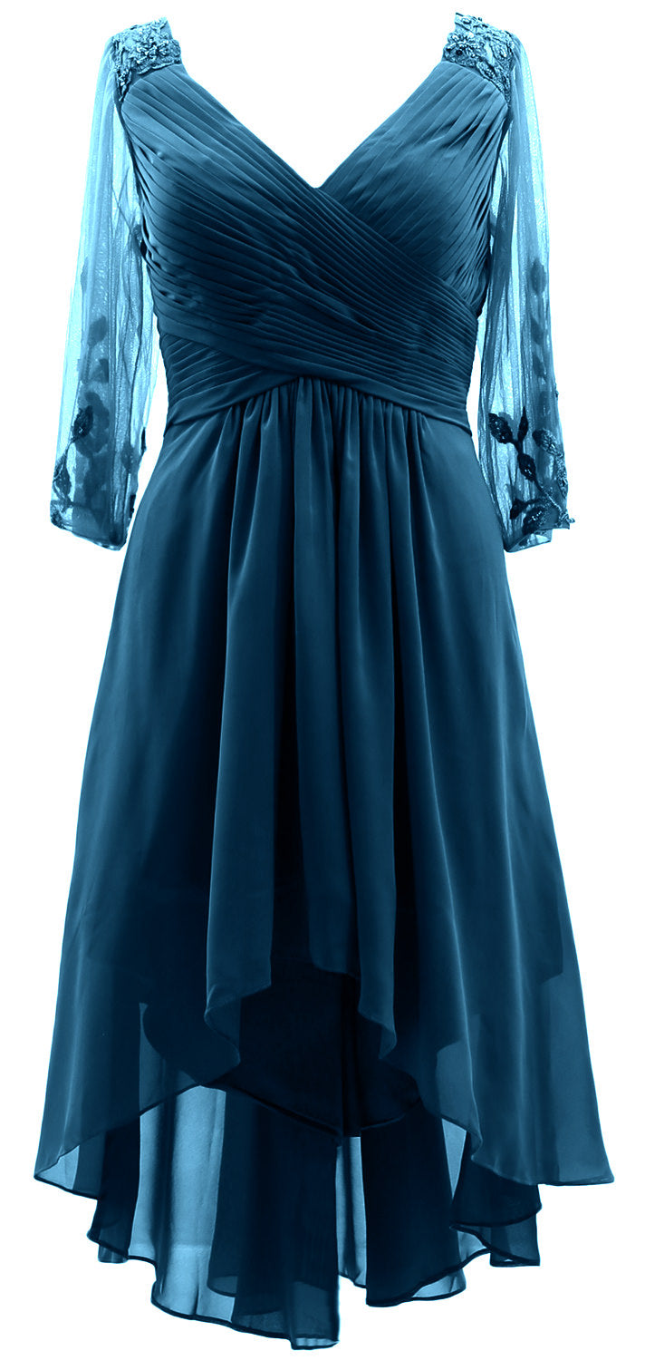 MACloth Damen Abendkleid mit V-Ausschnitt, High Low, für die Brautmutter, mit Ärmeln
