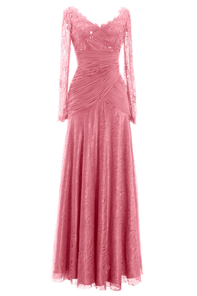 MACloth Women Long Sleeve V Neck Bead Mother of Bride Formal Dress Evening Gown