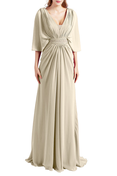 MACloth Women Elegant Long V Neck Mother of Bride Dresses Evening Gown Sleeves