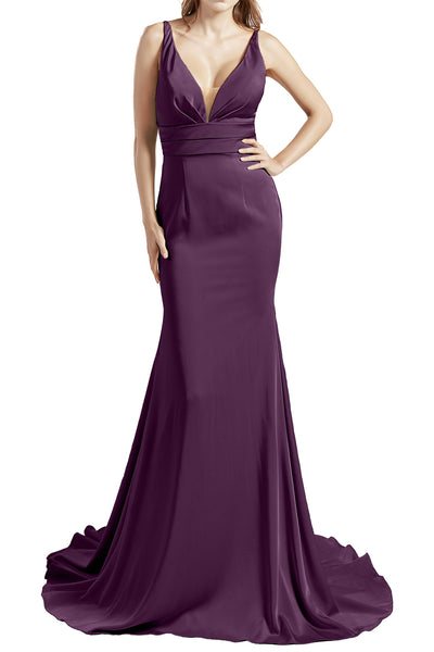 MACloth Women Long V Neck Crepe Mermaid Prom Party Dresses Evening Gown
