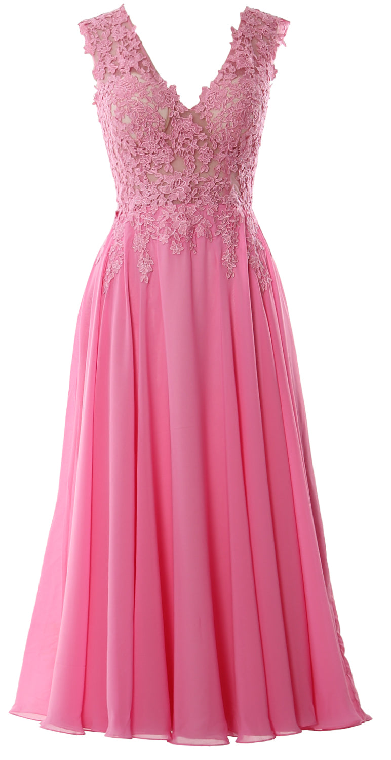 MACloth Women V Neck Lace Mother Bride Dresses Midi Tea Length Wedding Dinner