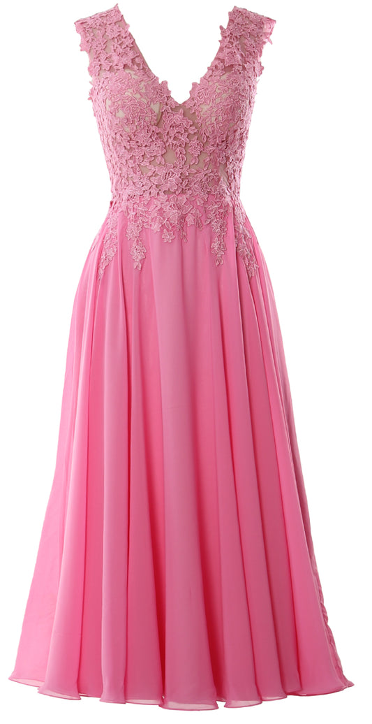 MACloth Damen V-Ausschnitt Spitze Mutter Braut Kleider Midi Tee Länge Hochzeit Abendessen