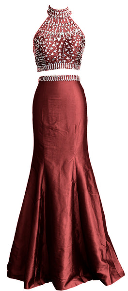 MACloth Women Mermaid Two Piece High Neck Taffeta Long Prom Dress Formal Gown