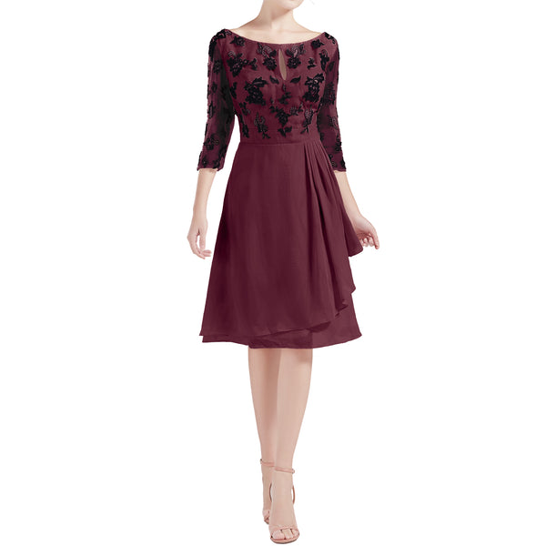 MACloth Women Boat Neck 3/4 Sleeves Short Lace Mother Bride Dresses Cocktail MoB