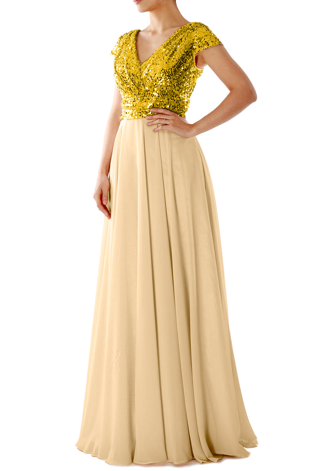 Cap Sleeves V Neck Sequin Chiffon Rose Gold Bridesmaid Dress