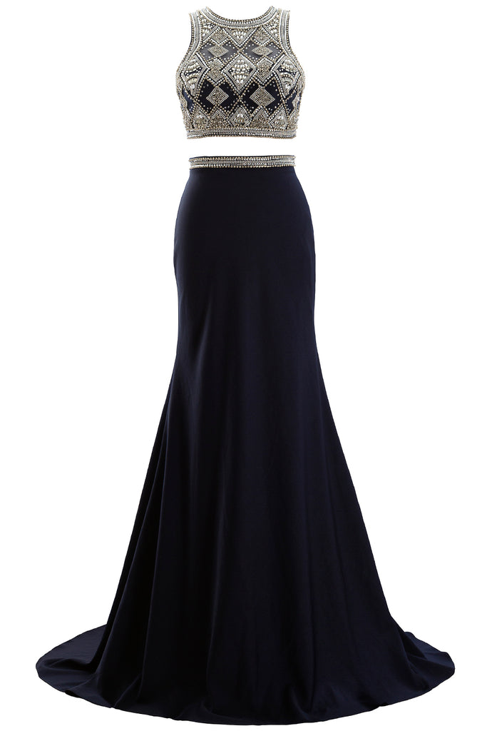 MACloth Women Two Piece Beaded Formal Evening Gown O Neck Sheath Long Prom Gown