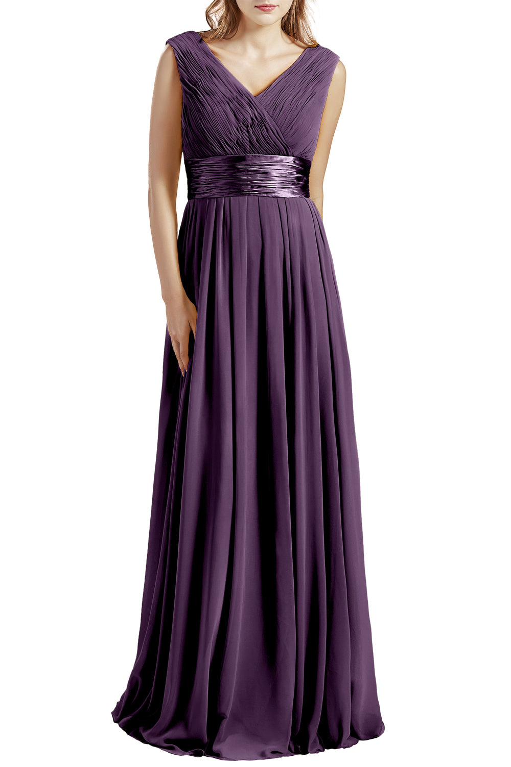 MACloth Damen Langes V-Ausschnitt Chiffon Brautjungfernkleid mit Rüschen BD