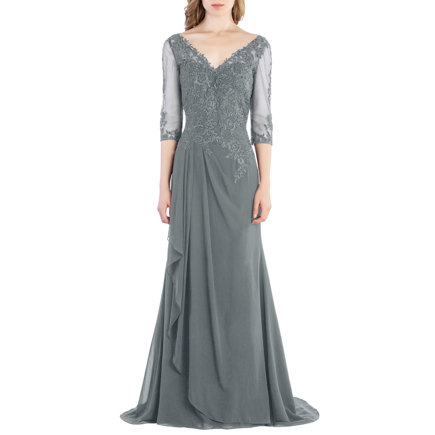 Vestido de novia largo de encaje con escote en V y mangas 3/4 de MACloth para madre de la novia y dama de honor