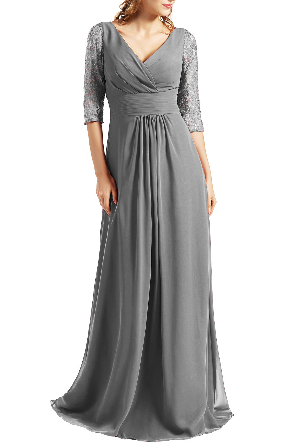MACloth Langes Abendkleid für die Brautmutter mit V-Ausschnitt und 3/4-Ärmeln für Damen