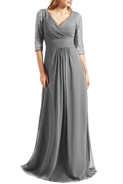 MACloth Women Long Mother of the Bride Dresses V Neck 3/4 Sleeves Evening Gown