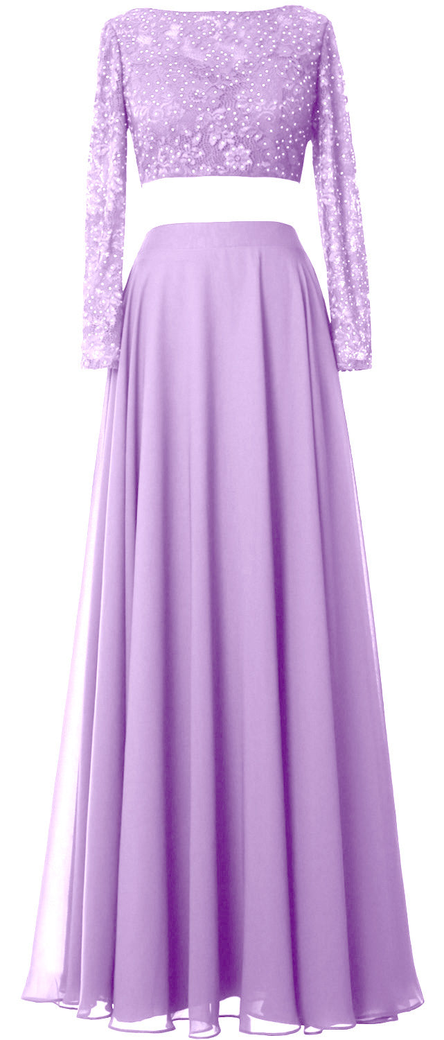 MACloth Damen Abendkleid aus Spitze und Chiffon, 2-teilig, lange Ärmel, Ballkleid