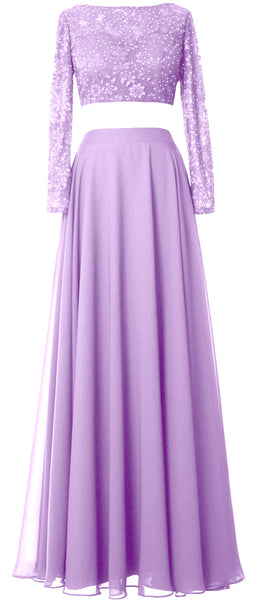MACloth Women Lace Chiffon Formal Evening Gown 2 Piece Long Sleeves Prom Dresses