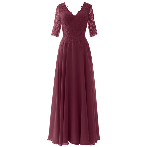 MACloth Long Maxi Mother Bride Dresses Short Sleeve Lace V Neck Evening Gown