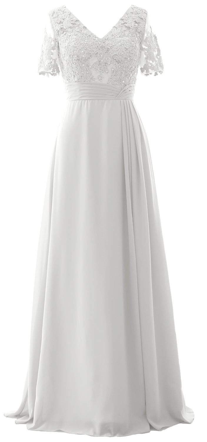 MACloth Women V Neck Long Mother of Bride Dresss Lace Evening Gown Short Sleeves