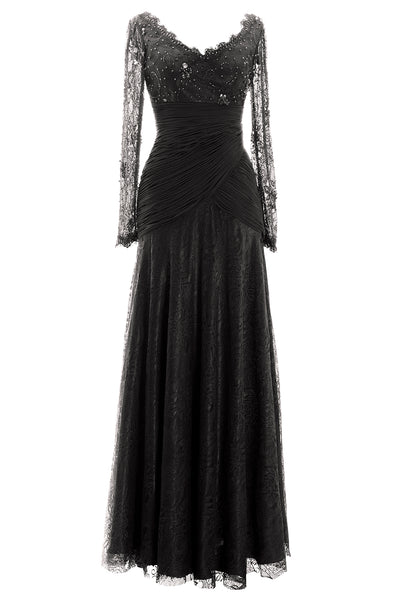 MACloth Women Long Sleeve V Neck Bead Mother of Bride Formal Dress Evening Gown