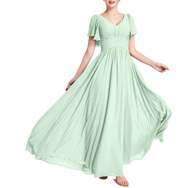 MACloth Women Short Sleeve V Neck Romantic Wedding Party Bridesmaid Dresses