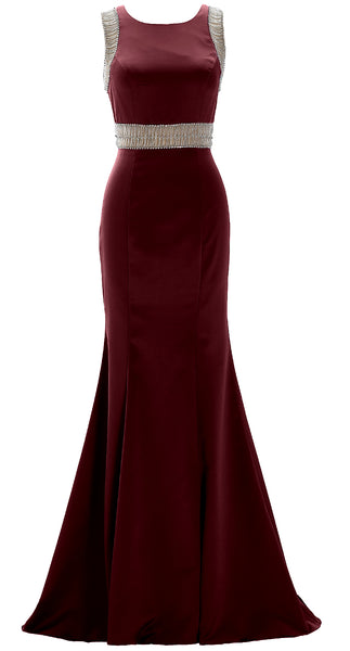 MACloth Women Boat Neck with Beaded Formal Evening Gown Sheath Satin Prom Dress