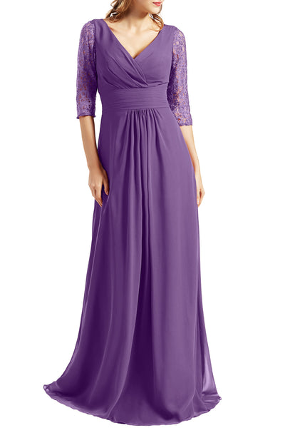 MACloth Women Long Mother of the Bride Dresses V Neck 3/4 Sleeves Evening Gown