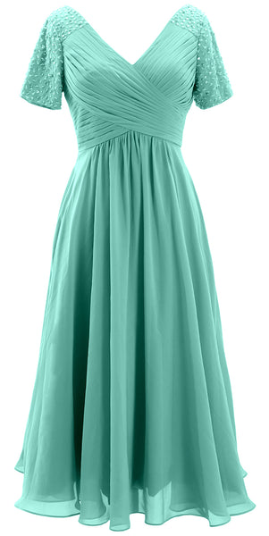 MACloth Women Midi Mother Bride Dresses Short Sleeves Wedding Guest Tea Length