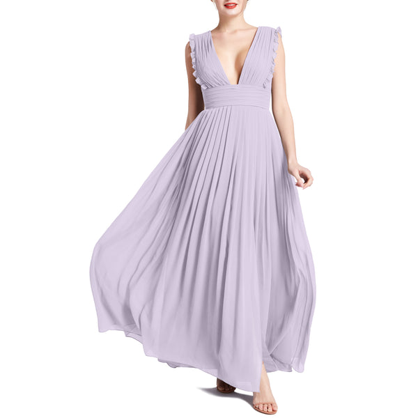 MACloth Women V Neck Ruffle Long Pleated Wedding Party Bridesmaid Dresses