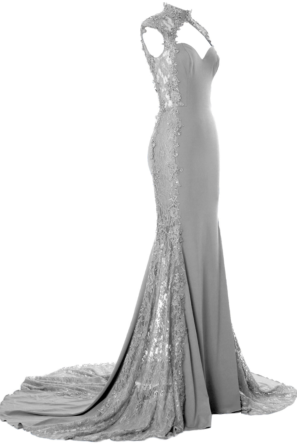 MACloth Women Prom Dresses Mermaid High Neck Sleeveless Lace Formal Evening Gown