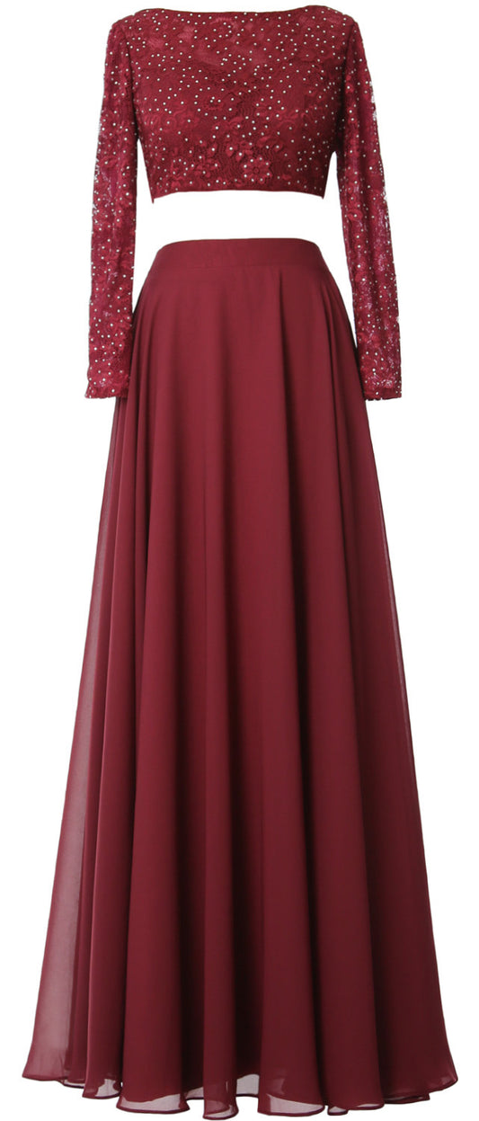 MACloth Damen Abendkleid aus Spitze und Chiffon, 2-teilig, lange Ärmel, Ballkleid