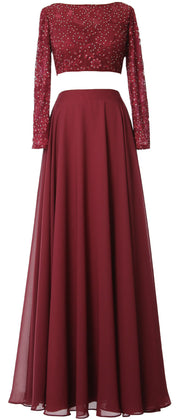 MACloth Women Lace Chiffon Formal Evening Gown 2 Piece Long Sleeves Prom Dresses