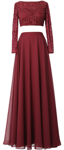 MACloth Women Lace Chiffon Formal Evening Gown 2 Piece Long Sleeves Prom Dresses