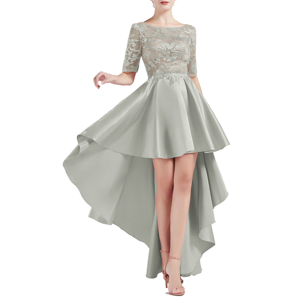 MACloth Women Scoop Neckline Half Sleeve High Low Lace Satin Prom Party Homecoming Dresses