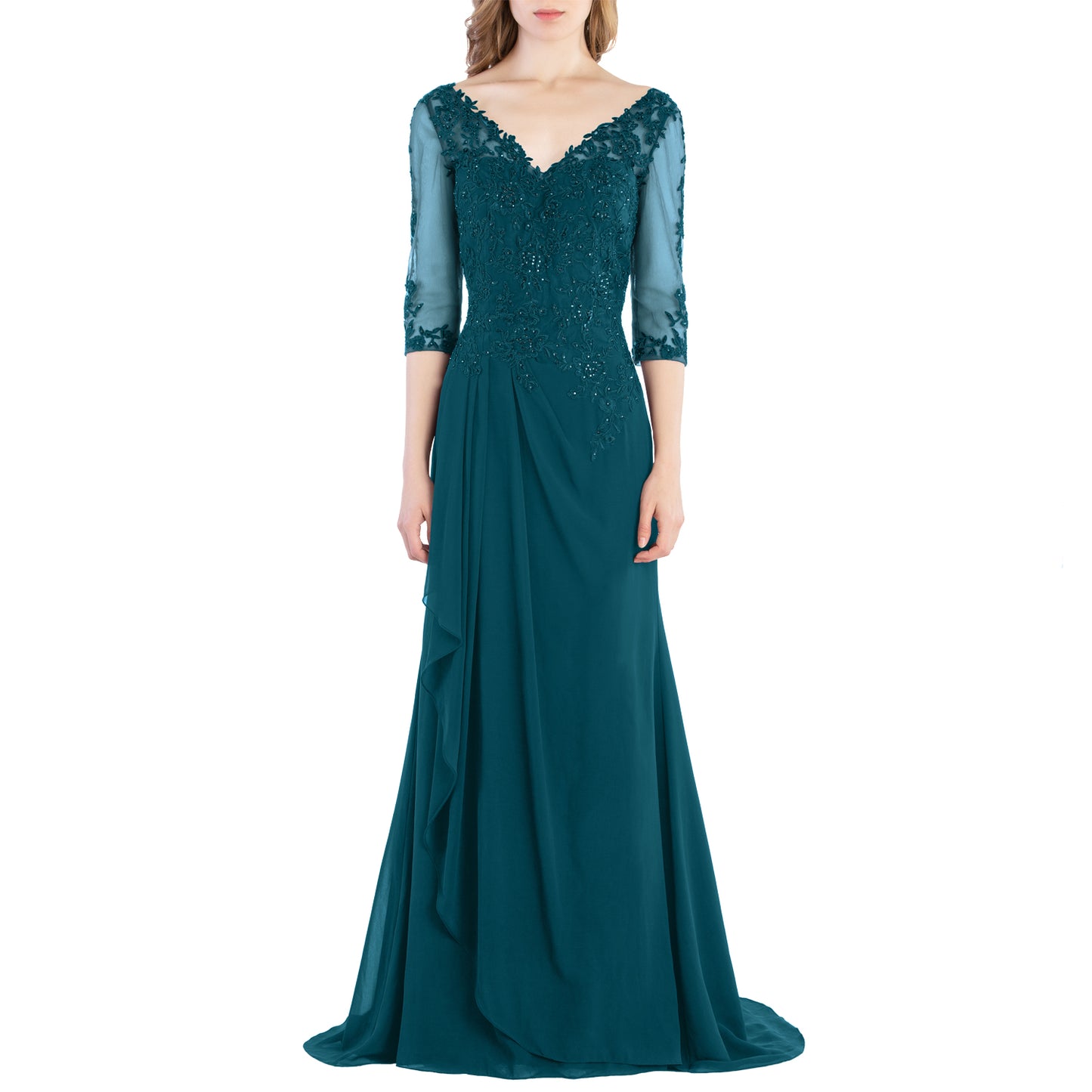 Vestido de novia largo de encaje con escote en V y mangas 3/4 de MACloth para madre de la novia y dama de honor