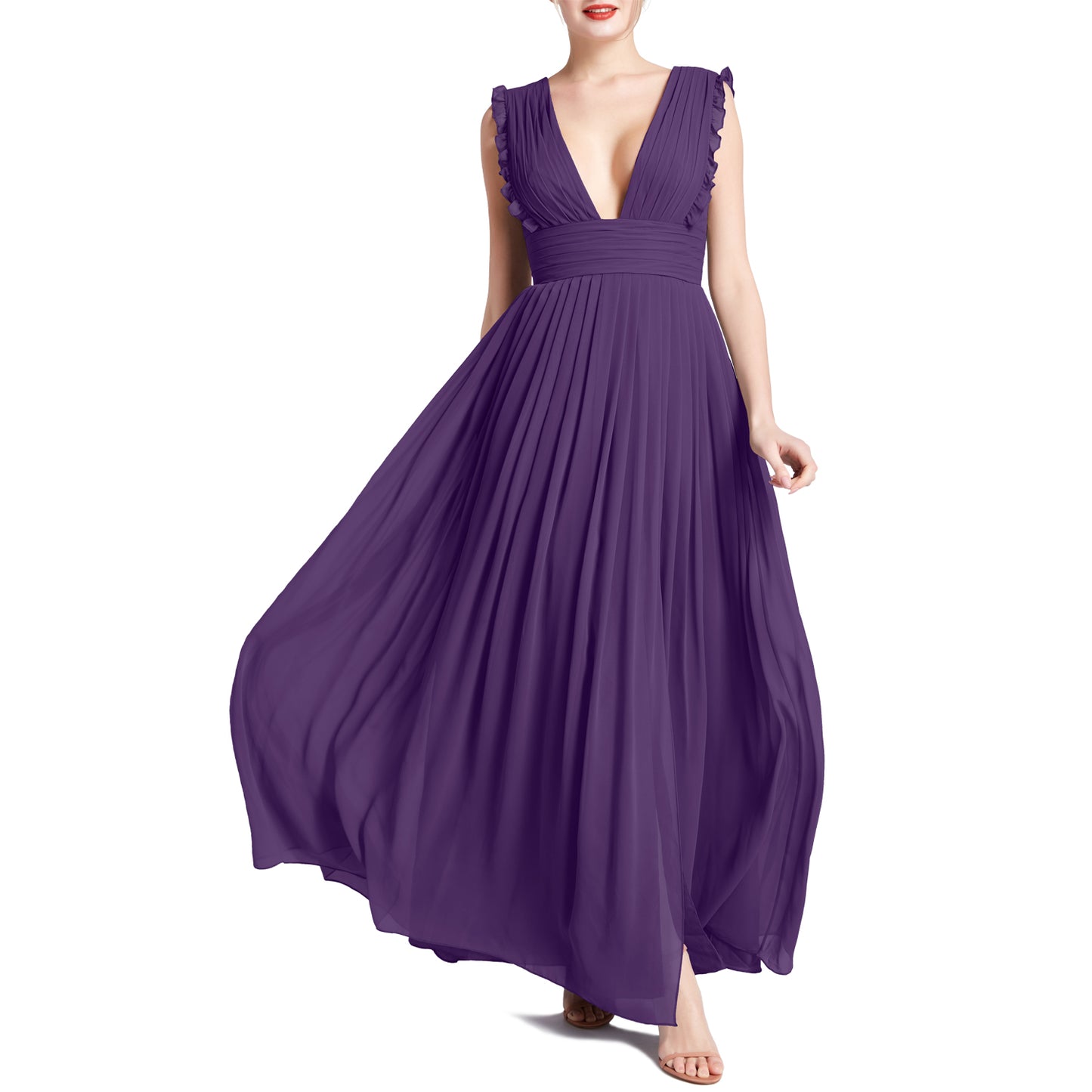 MACloth Women V Neck Ruffle Long Pleated Wedding Party Bridesmaid Dresses