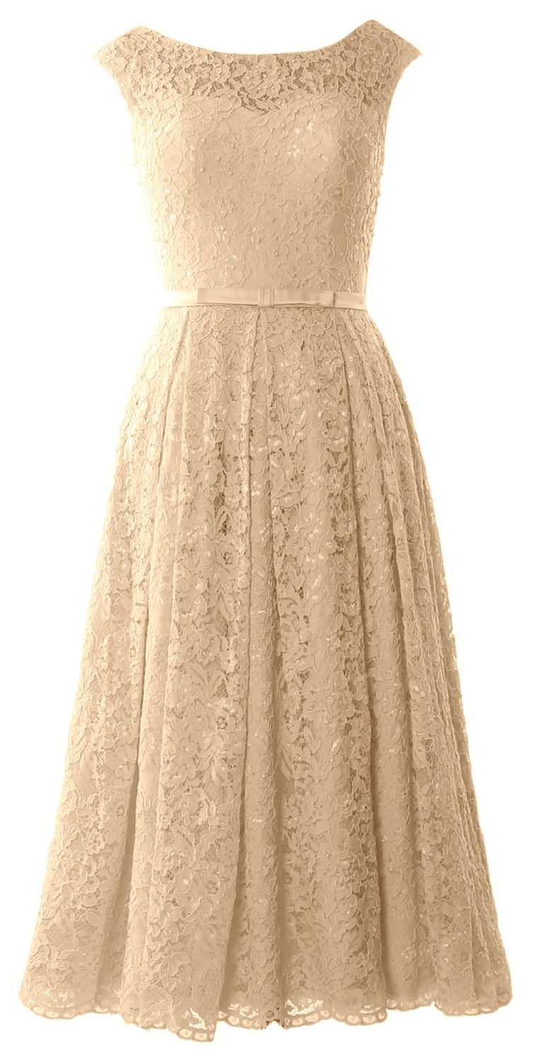 MACloth Women Tea Length Mother Bride Gown Dresses Cap Sleeve Lace Midi Corset