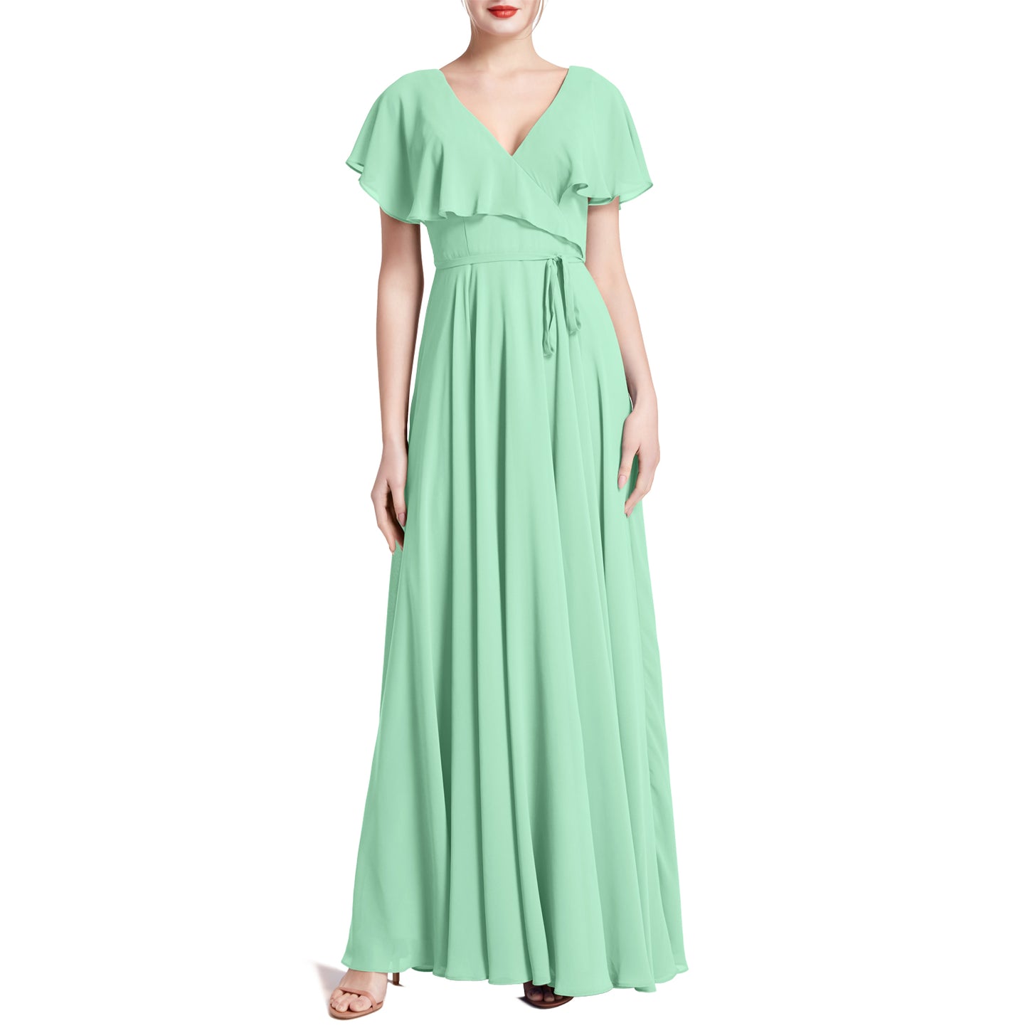 MACloth Women V Neck Ruffle BatWing Short Sleeve Maxi Wedding Bridesmaid Dresses