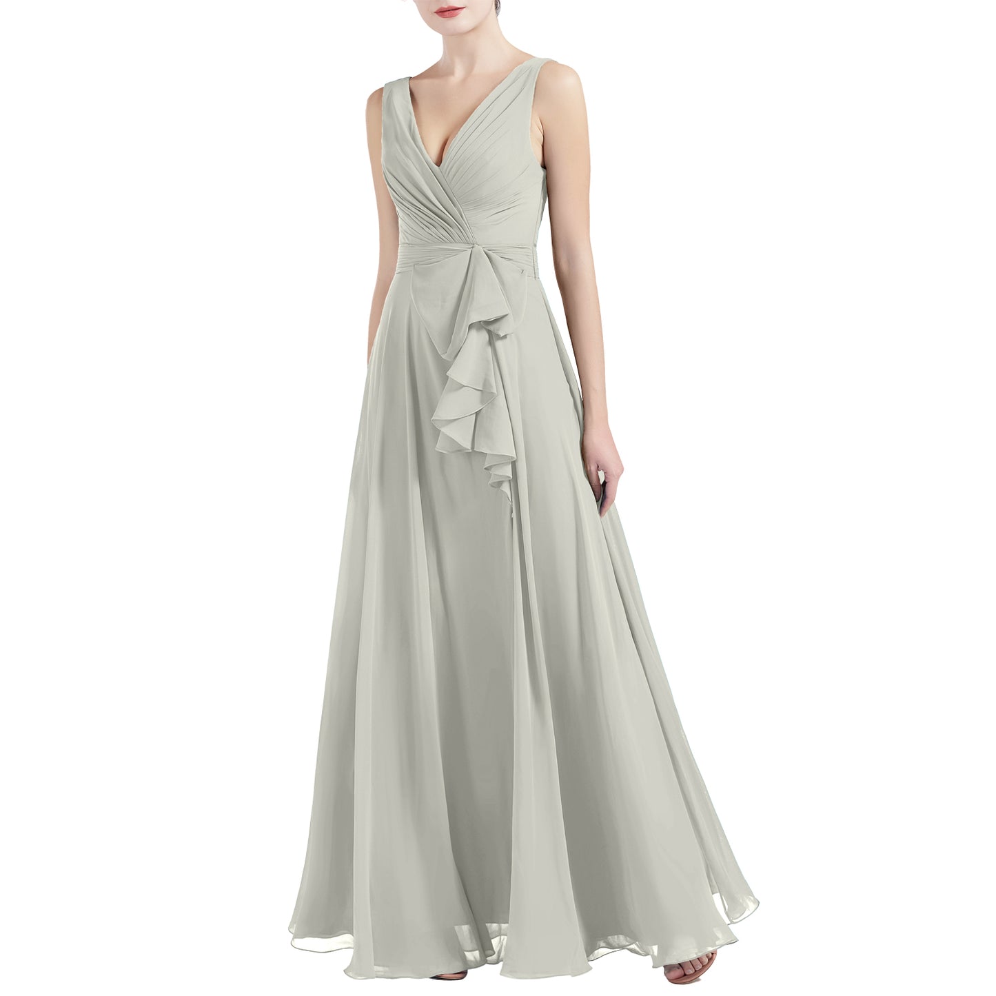 MACloth Women V Neck Long Pleated A Line Wedding Party Bridesmaid Dresses Slit