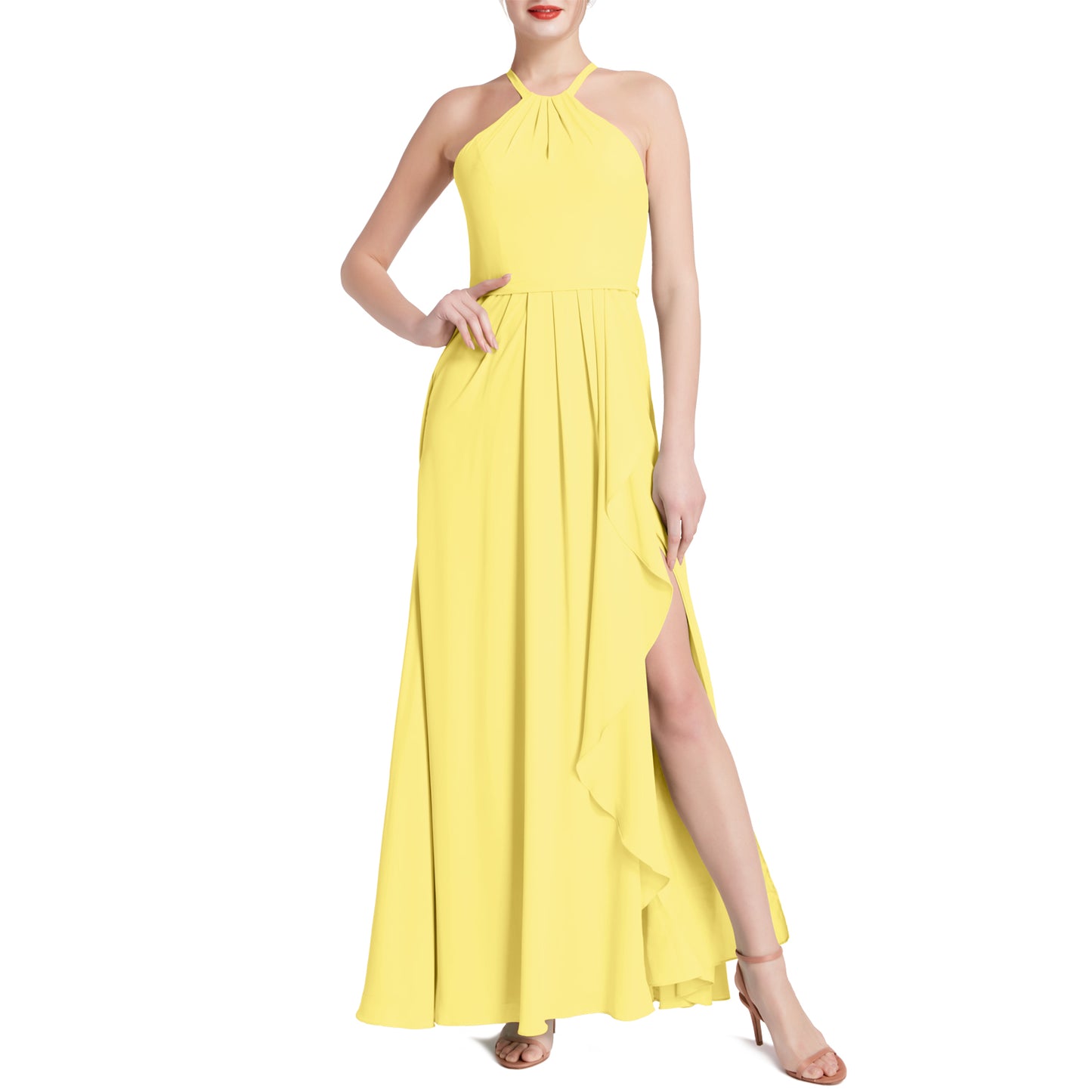 MACloth Damen Neckholder Langes Maxikleid für Hochzeit, Party, Brautjungfern, mit drapiertem Schlitz