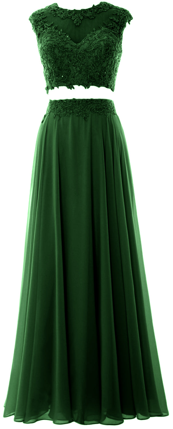 MACloth Vestido largo de fiesta de 2 piezas para mujer, de gasa con encaje, vestido formal de noche para fiesta