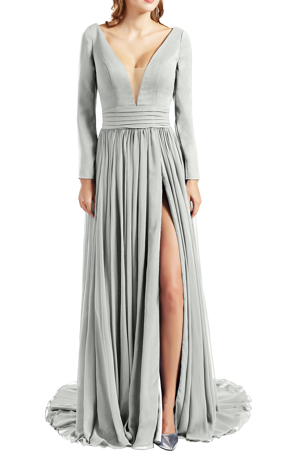 MACloth Women Plunging V Neck Long Sleeves Prom Dresses formal Evening Gown Slit