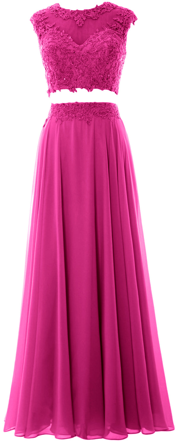 MACloth Vestido largo de fiesta de 2 piezas para mujer, de gasa con encaje, vestido formal de noche para fiesta