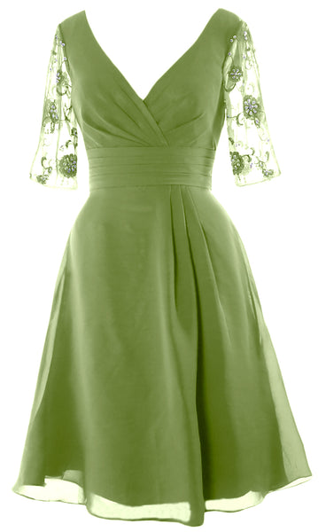 MACloth Mother of Bride Short Dresses Half Sleeves V Neck Cocktail