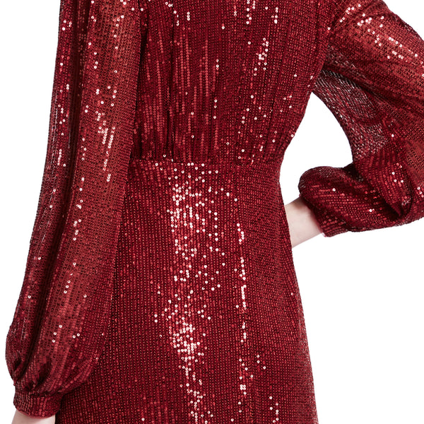 MACloth Women Tea Length Long Puff Sleeve Empire Sequin Cocktail Party Dresses