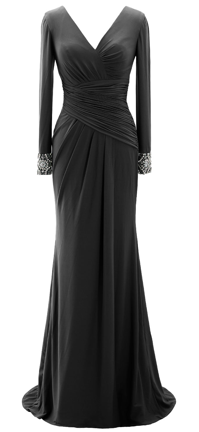 MACloth Women Long Mother of Bride Dresses Long Sleeve V Neck Evening MACloth Women Long Mother of Bride Dresses Long Sleeve V Neck Evening